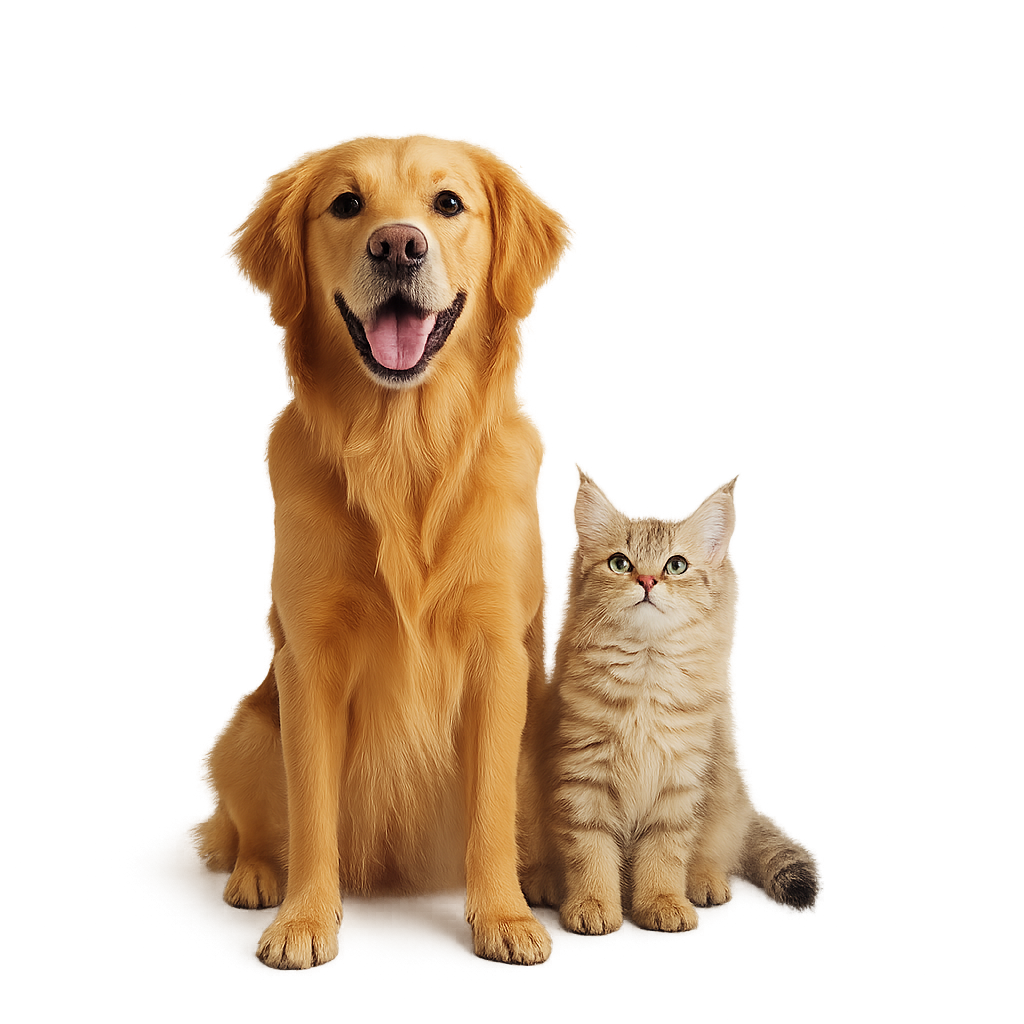 Happy Golden Retriever and Cat