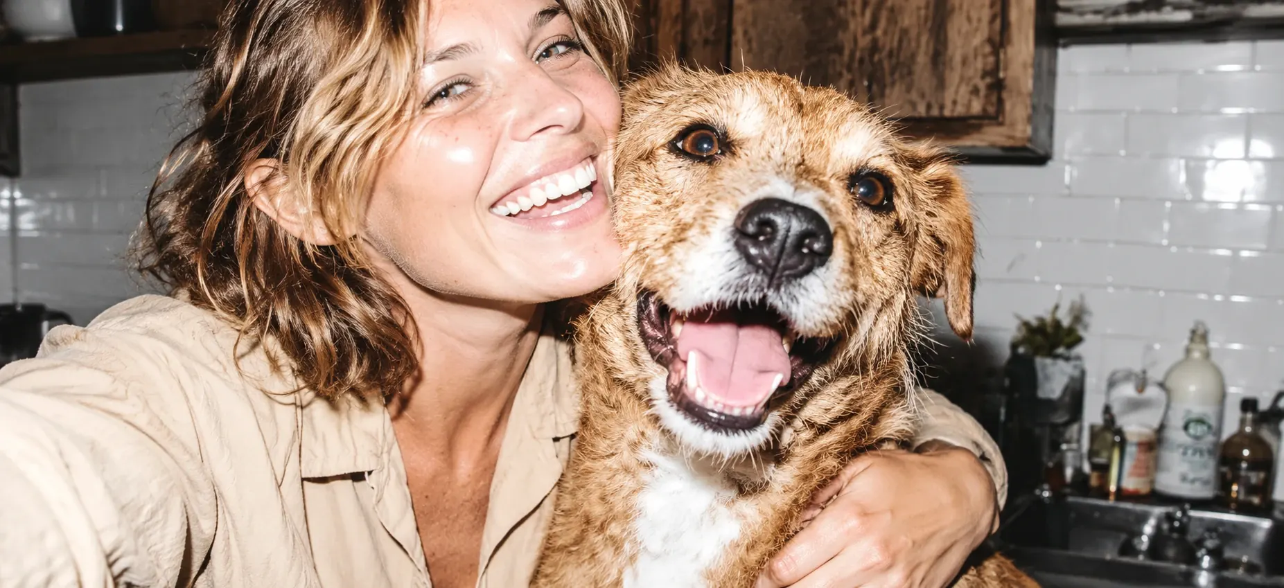 A dog owner hugging her happy dog in the kitchen